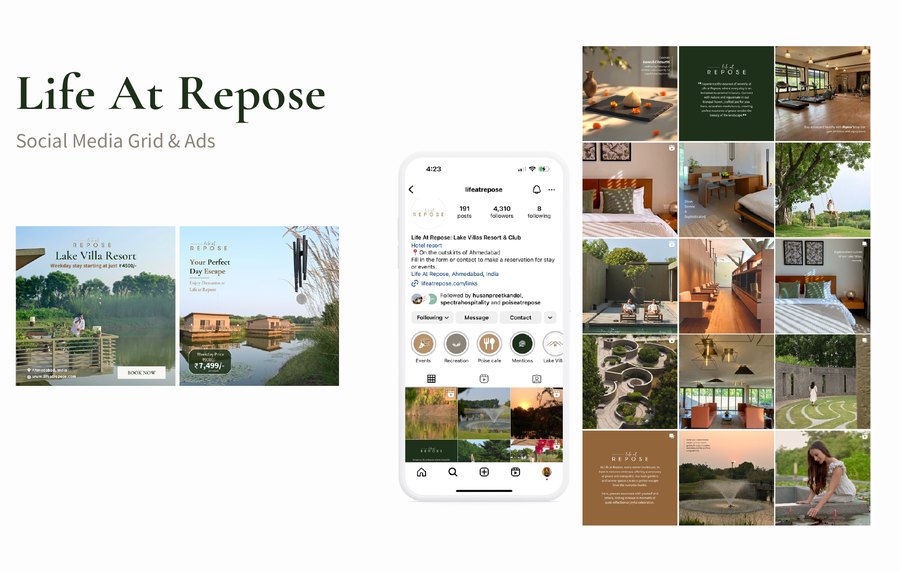 Instagram grid and ads for Life at Repose