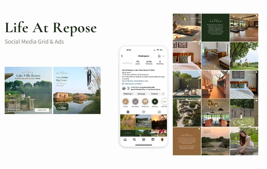 Instagram grid and ads for Life at Repose